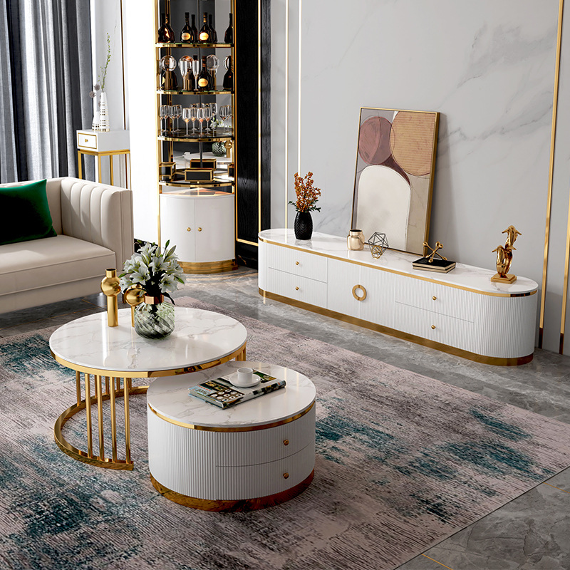 Luxury living room Glossy gold stainless steel marble top TV stand and coffee table set cabinet furn