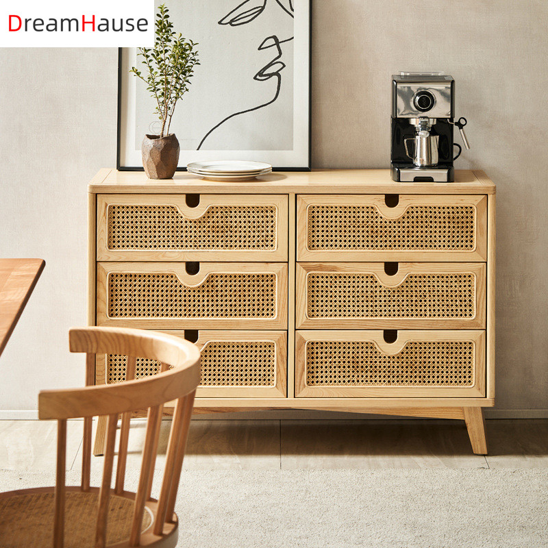 Dreamhause Nordic Solid Wood  Sideboard Rattan Storage Cabinet Home Lving Room Dining Room Bedroom H
