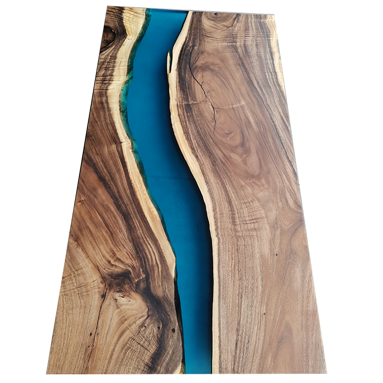Home furniture clear blue resin dining table art real wood live edge river epoxy resin table with ch