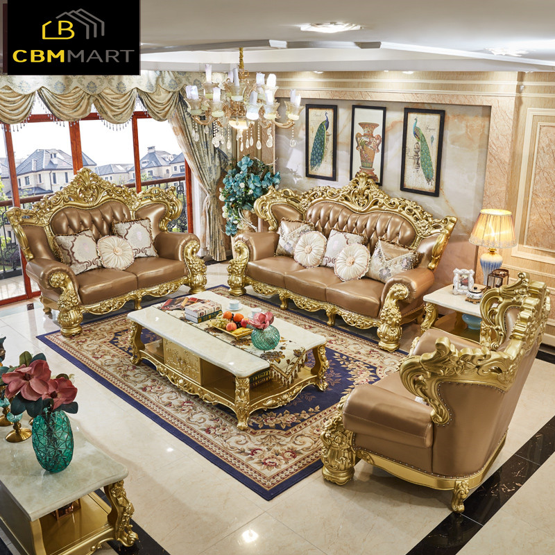 American solid wood leather sofa set furniture European style living room sofas for home furniture