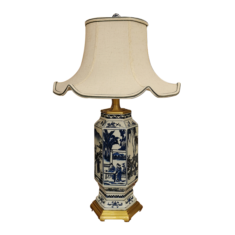 Modern blue and white porcelain ceramic table lamp bedside lamp with copper base