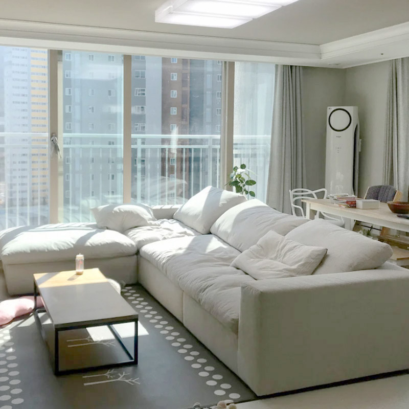 Modern Home Living Room Sofa Set Furniture White Linen Feather Cream Beige Fabric l Shaped Corner Mo