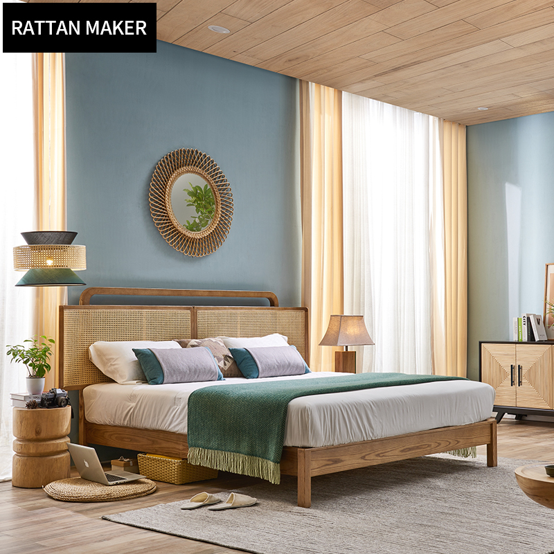Home Furniture Factory Direct Modern Bedroom Furniture rattan wooden Double Bed