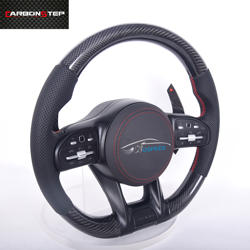 Glossy Carbon Fiber Real Leather Perforated Steering Wheel For Benz A45 W205 Glc Gle