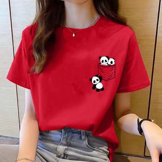 Summer new pocket panda cartoon print T-shirt Korean fashion women's top loose round neck T-shirt fe