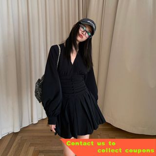 Left women's high waist long-sleeved short skirt French A-line skirt 2022 autumn new waist V-neck dr