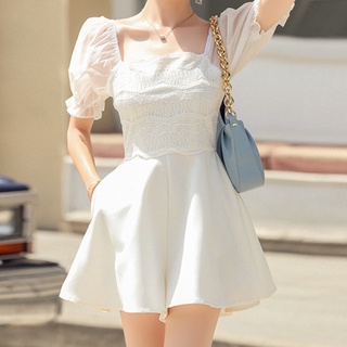 Women's Jumpsuit 2021 New Lace Square Neck Puff Sleeve Slim Fit Jumpsuit Wide Leg Shorts