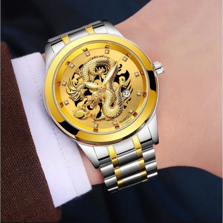 3D Gold Dragon Calendar Watch Quartz Stainless Steel Men Watches Jam Tangan Lelaki