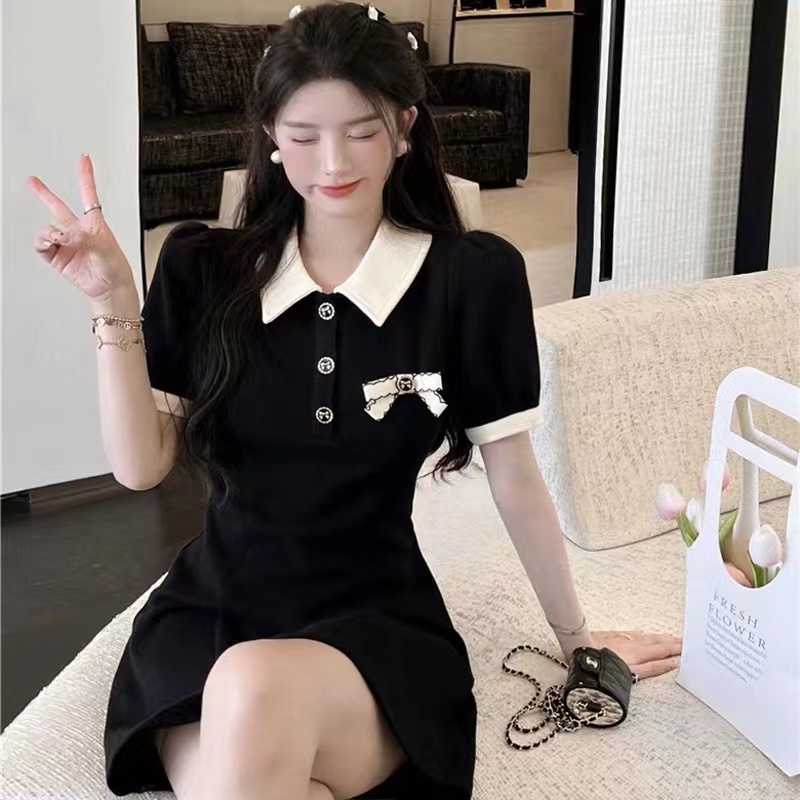 Women's Luxury Black Polo Collar Dress High Waist Tea Break French Elegant Temperament Party Mini Dr