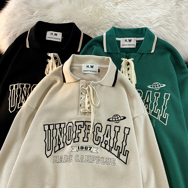 New Original Fashion Polo Collar Waffle Embroidery Cotton Street Sports Jacket Korean Long Sleeve Co
