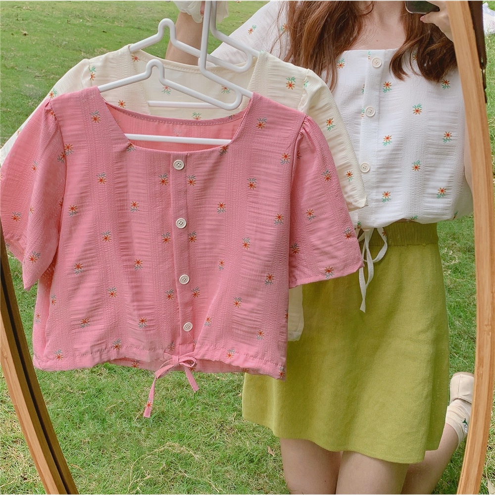 Women's Small Fresh Floral Print Button Short Shirt Korean Teenager Cute Sweet Short Sleeve Loose T-