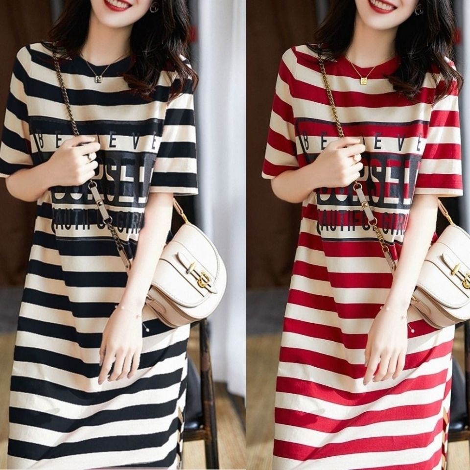 Spike Low Price Summer Loose Stripe Printed Short Sleeve T-shirt Dress Women's Students Korean Long 
