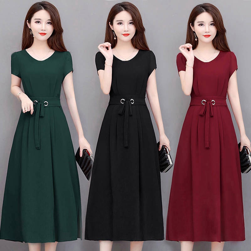 Large Size Dress Women Short Sleeve Mid-Length A-line Dress with Waistband