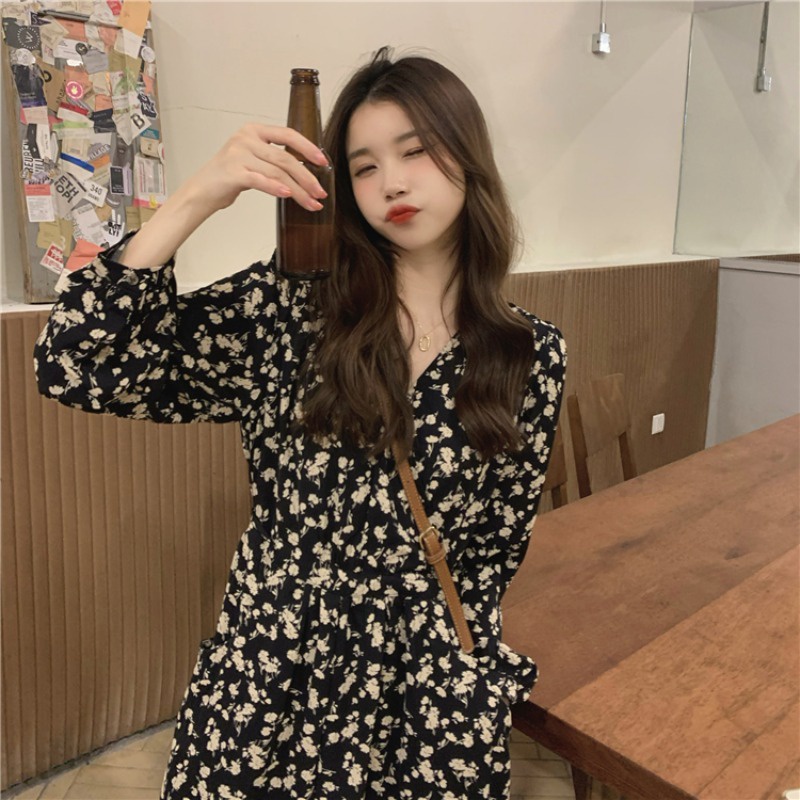 korean style floral vintage long formal dress elegant long sleeve dress for women casual sunday debu