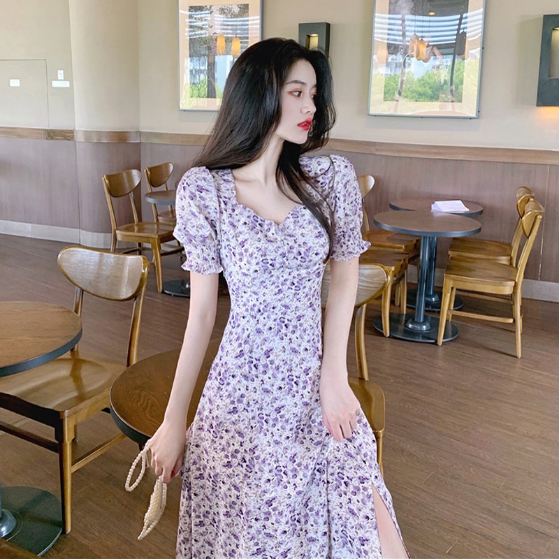 Retro style purple floral dress for women spring and autumn summer mid-length sneaky design slit dre