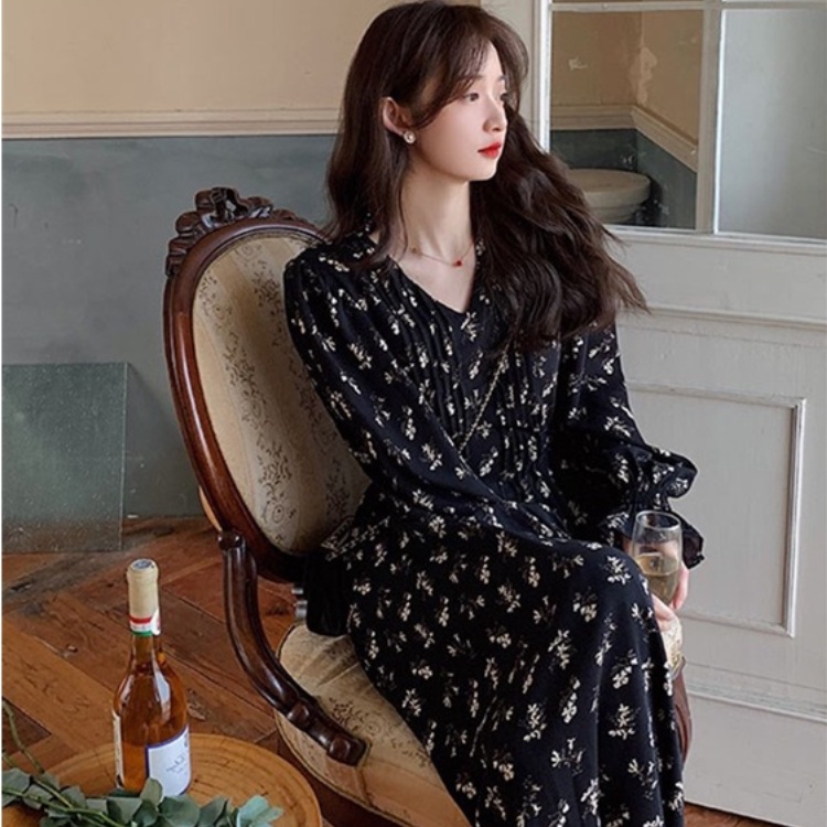 black floral beach dress long women dress korean style dinner dress plus size long sleeve elegant pr