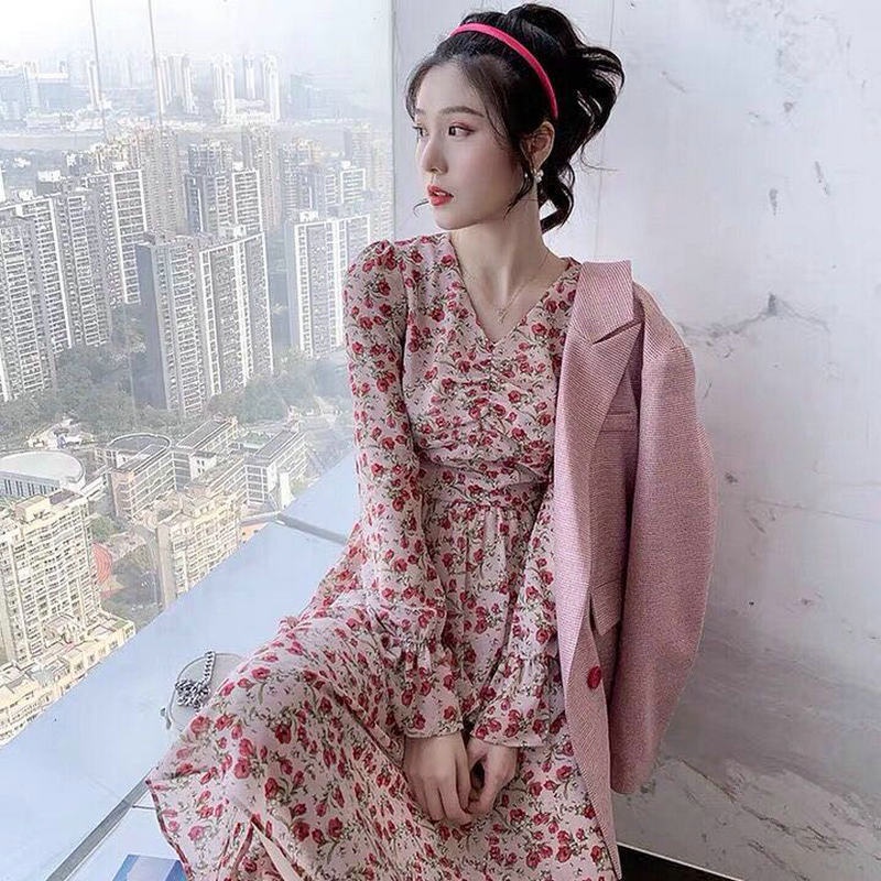 elegant Sunday party dress pink dress fomal dress Korean long sleeve dress cocktail church dress lon