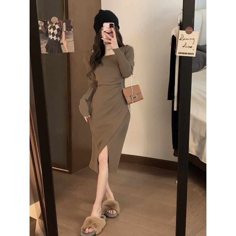 sexy bodycon midi black dress plain long sleeve dress for women casual formal dress elegant korean s