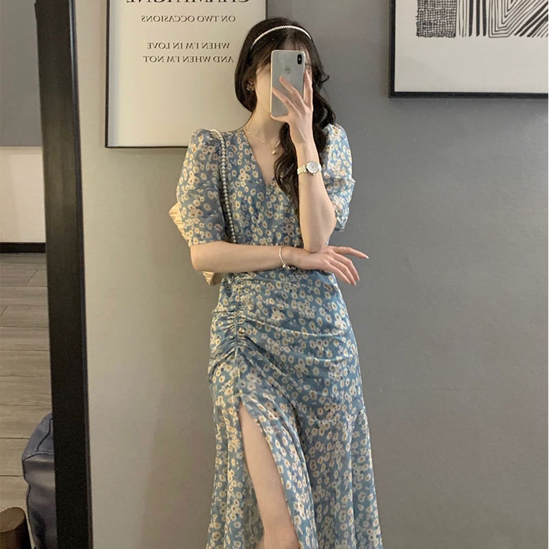 2021 new women's summer dress French first love retro gentle long dress chic split floral dress