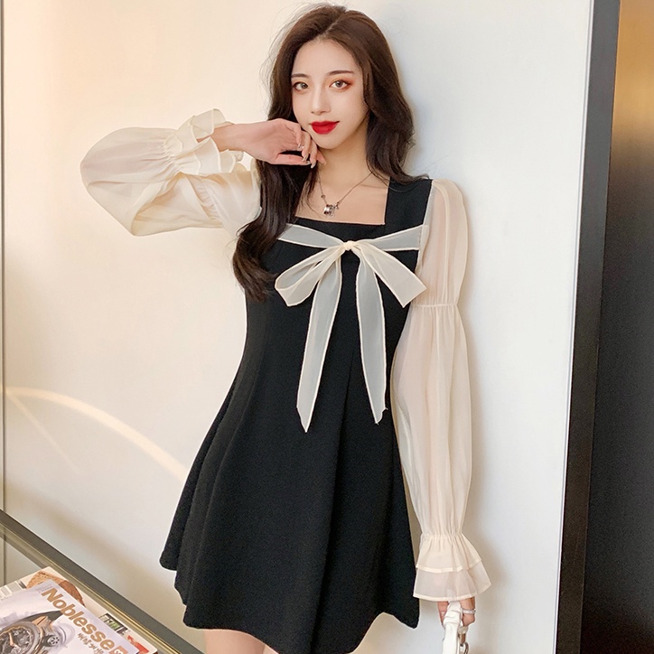 black long women dress korean style long sleeve dress plus size casual women beach dress vintage din