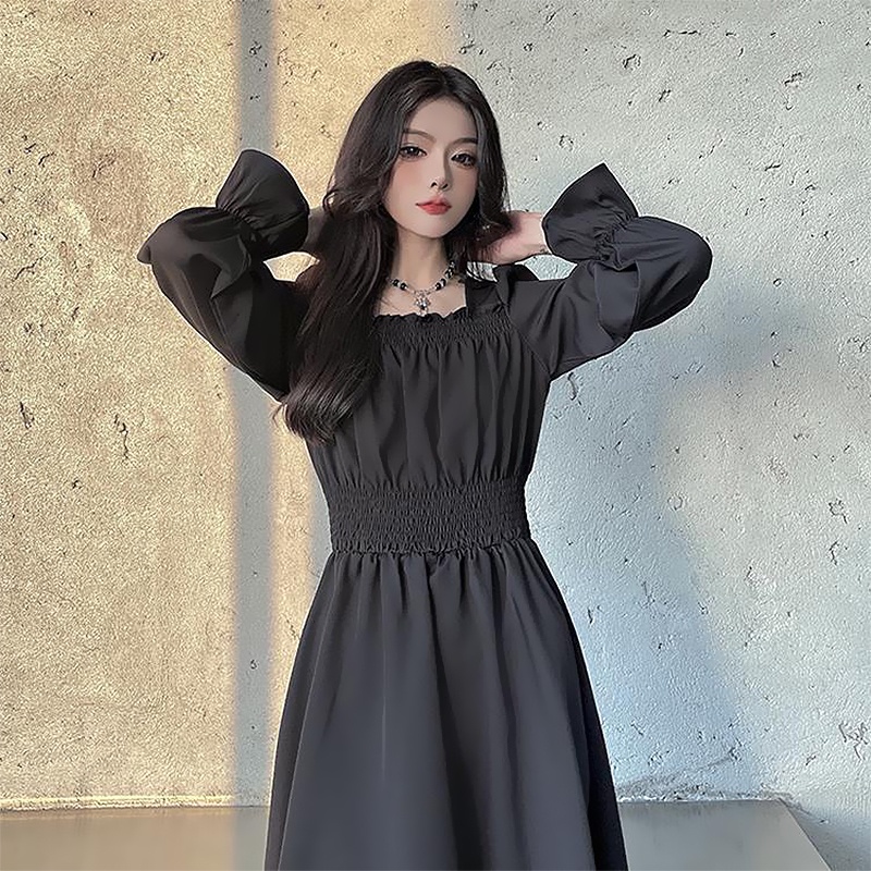 black trendy party fitted autumn plus size aesthetic korean church long sleeve waist slimming dress 