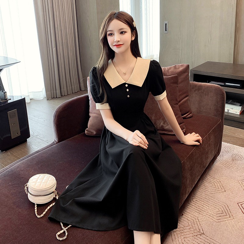 summer dress formal casual dress black graduation Korean puff sleeve dress for women midi dress blac
