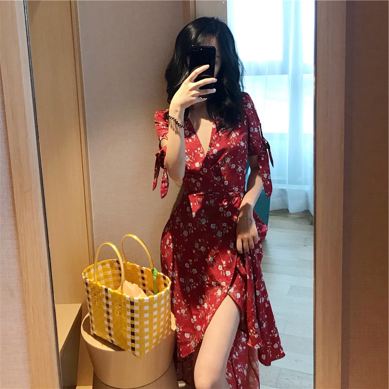 summer dress sexy red floral midi dress casual korean gown dress women slit dress debut dress trendy