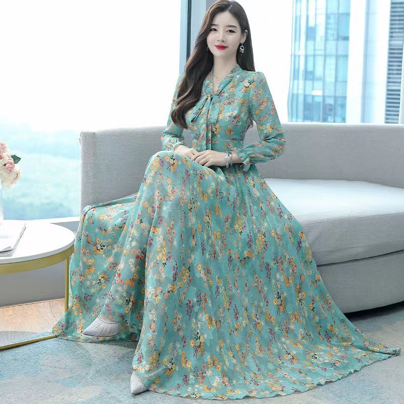 for woman Korean dress vintage long dress pink dress long sleeve dress elegant chiffon dress autumn 