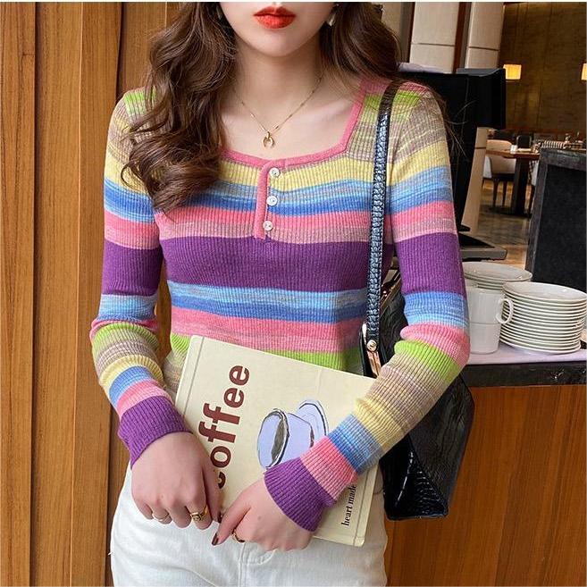 pink trendy korean long sleeve fitted aesthetic casual vintage knitted sweater