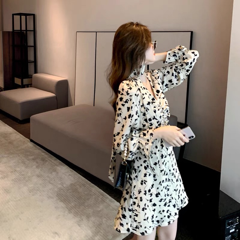 cute korean plain simple white dress plus size new summer floral dress for women v neck long sleeve 