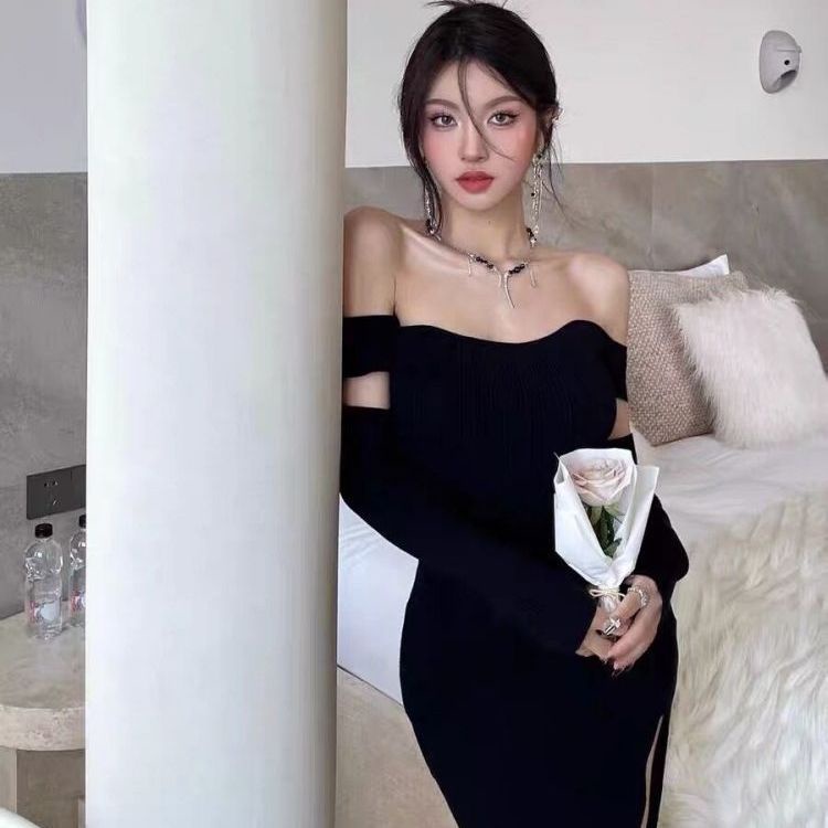 2022 summer korean style bodycon sexy midi plain black dress fitted long sleeve dress for women casu