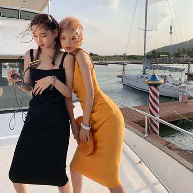 aesthetic trendy summer sexy halter dress challis plain orange black party dress debut mini fairy sl