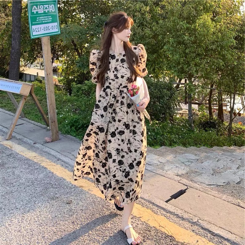 summer dress Korean Sexy dress for women elegant floral retro formal dress puff sleeve dress