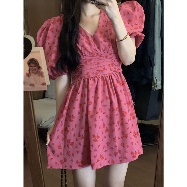 fashion dress Korean Version v-Neck Puff Sleeve Narrow-Waist Floral Female Preppy Style Sweet Temper
