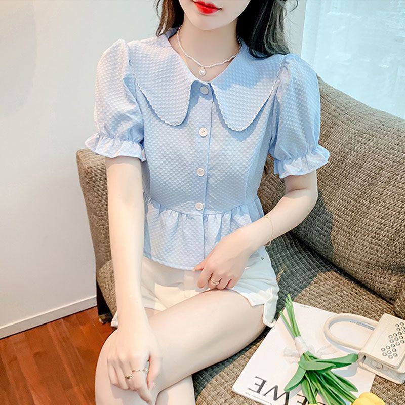 Doll collar shirt female 2022 small man slim waist shirt fashion all-match shirt small shirt