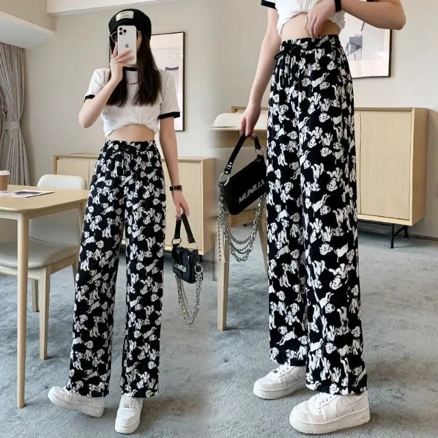 summer new korean style wide leg pants women  casual  long pants  loose leg straight pants elastic w