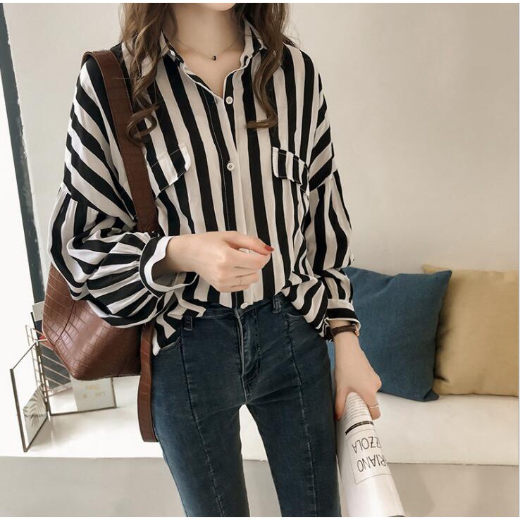 Women Loose Striped V Neck Long Sleeve Casual Summer Blouse Fashion Stripe Shirt