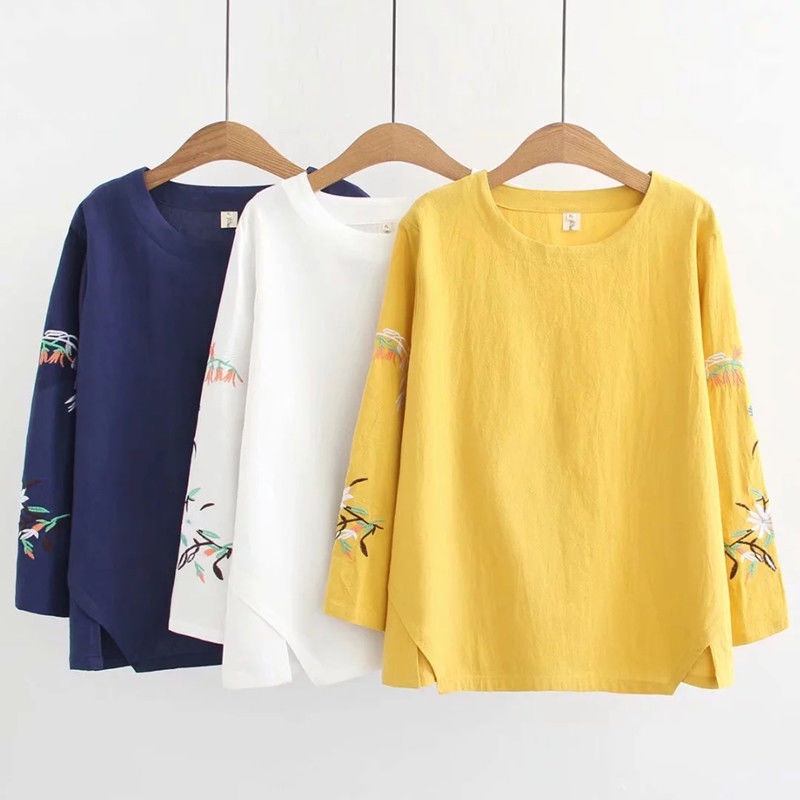 M-4XL Fashion Women Pure Cotton Round Neck Long Sleeve Embroidered Blouse Shirts S Casual Loose Retr