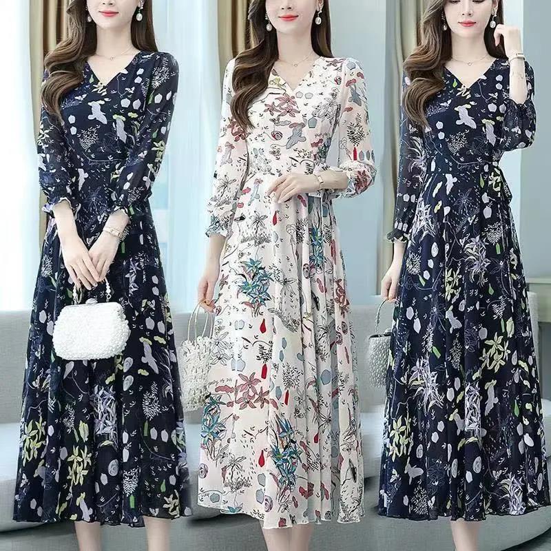 Women Maxi Dress Long Sleeve Floral Long Dresses Elegant Plus Size Shredded Flower A-line Dress