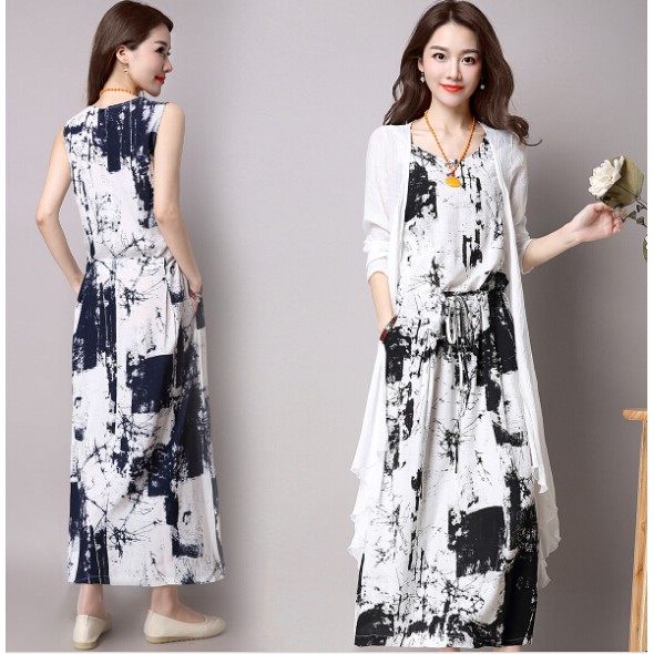Women Vintage Sleeveless Linen Dress + White Loose Cardigan Dress Suit Plus Size