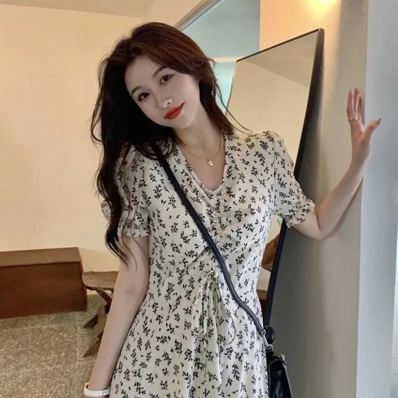 S-3XL Women's New Fashion French Floral Dress Ladies Summer Elegant Short Sleeve Waist-Controlled La