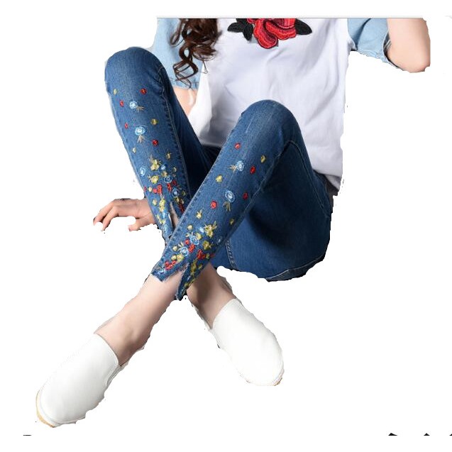 Floral embroidery ripped jeans Blue Casual Pants