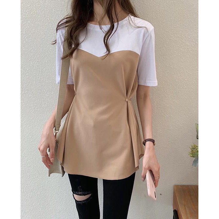 Korean Women Blouse Plus Size Patchwork Asymmetrical Long Sleeve Shirt #7682