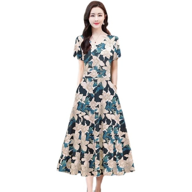 Summer Floral Dress Women Lady Elegant Short Sleeve Mid Length A-line Long Dresses Ladies Female Fas