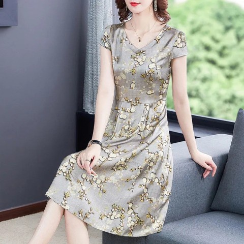 Newest Women's Fashion Floral Dress Lady Elegant Short Sleeve V-neck Casual Vintage Printed A-line M