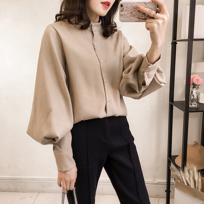 Korean Style Women Ladies Lantern Long Sleeve Casual Loose Cotton Shirt Blouse Tops Khaki Blouse Baj