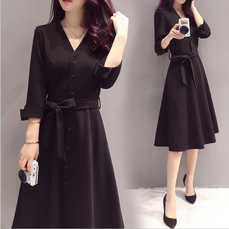 Elegant Long Plus Size Black Long Sleeve V Neck Slim Midi Office Evening Dress