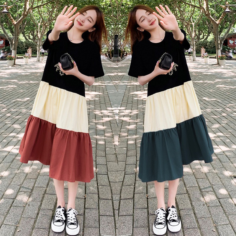 Fashion Casual Loose Dress Korean Style Plus Size Contrast Color Stitching Mid-length A-line Dress S