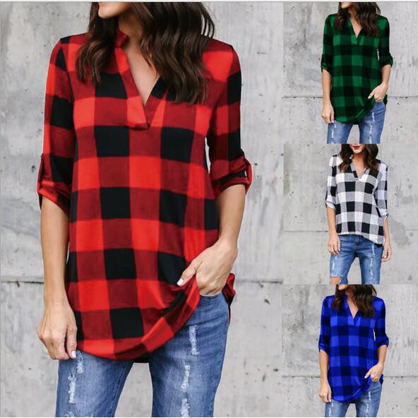 Women Casual Cotton Plaid Shirts Ladies Long Sleeve Loose Outerwear Blouse Tops