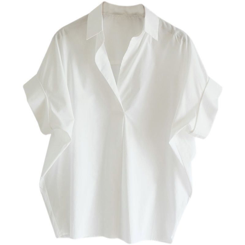 Loose Fitting Simple White Shirt Women Retro V-neck Batwing Sleeve Solid Blouse Summer New Western A